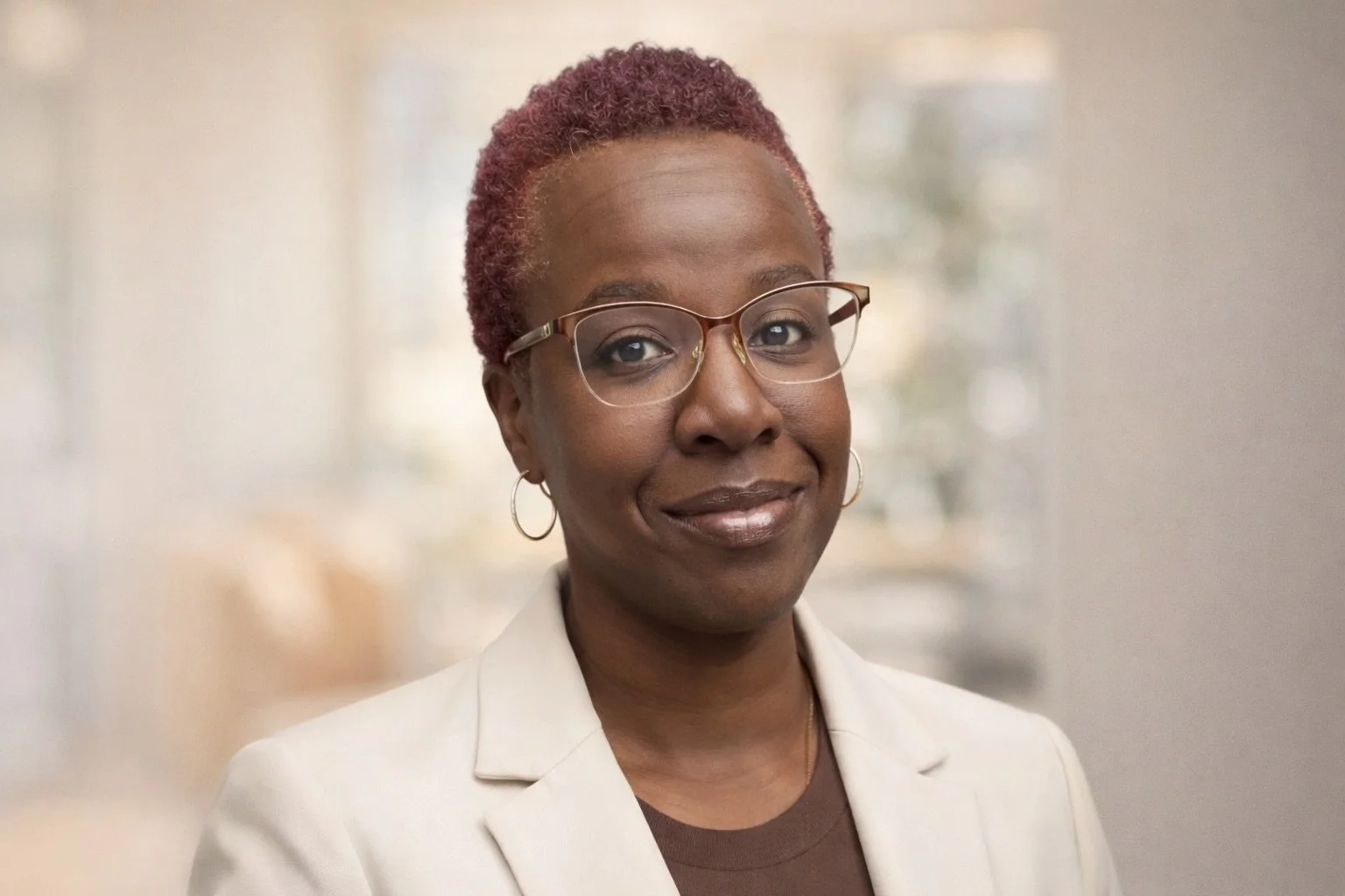 A professional woman with short, reddish-brown hair, wearing glasses, hoop earrings, a beige blazer, and a brown top, smiling in an office setting.