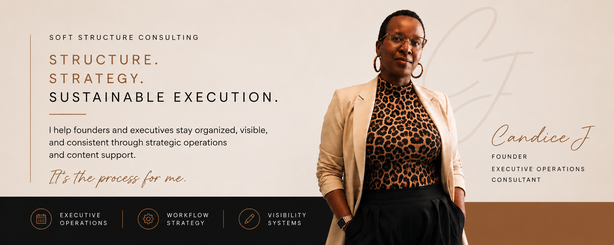 A professional woman standing with her hands in her pockets, wearing glasses, a leopard print top, a beige blazer, and black pants, standing next to a presentation slide discussing soft structure consulting, strategy, and sustainable execution.