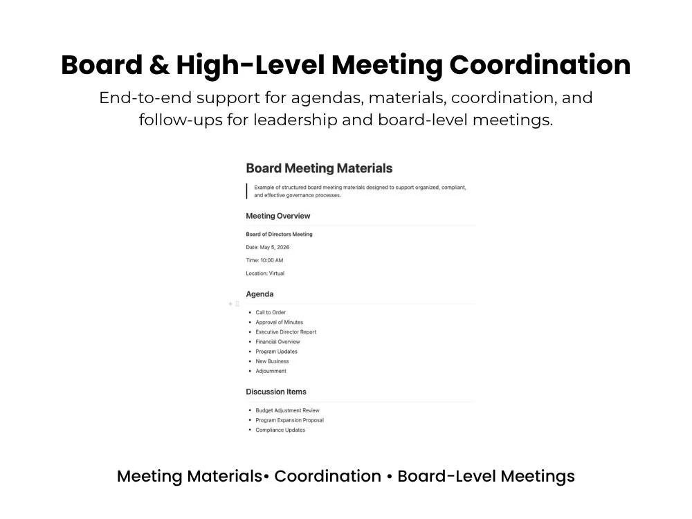 Document titled 'Board & High-Level Meeting Coordination' with sections for meeting materials, overview, agenda, and discussion items.