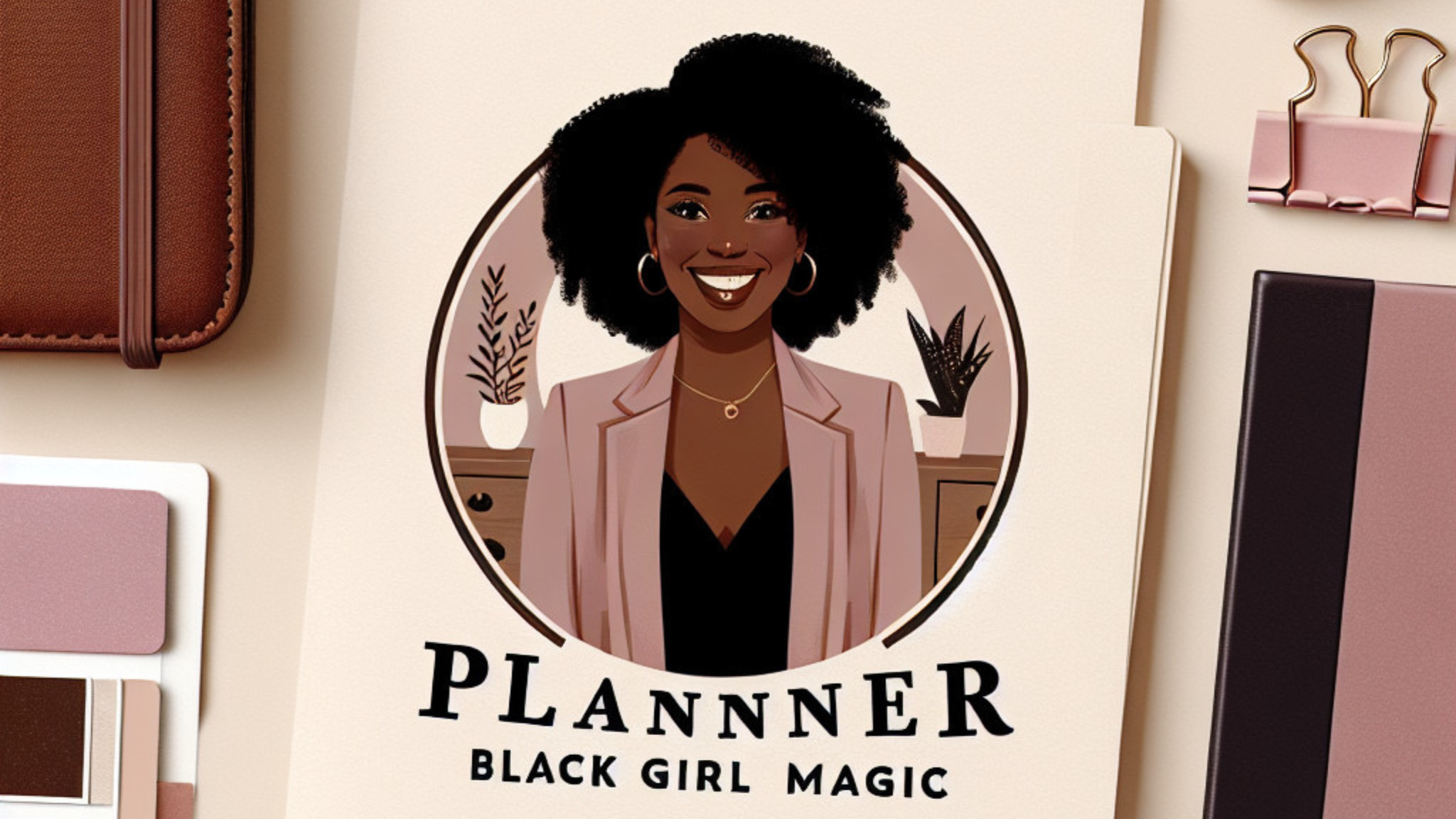 Digital illustration of a Black woman with natural curly hair, wearing hoop earrings and a necklace, smiling. The illustration is surrounded by office supplies like notebooks and paper clips, and has the text 'Planner Black Girl Magic'.