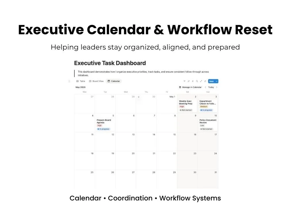 Title slide for 'Executive Calendar & Workflow Reset' presentation with subtitle 'Helping leaders stay organized, aligned, and prepared' and a screenshot of an executive task dashboard calendar for May 2026.