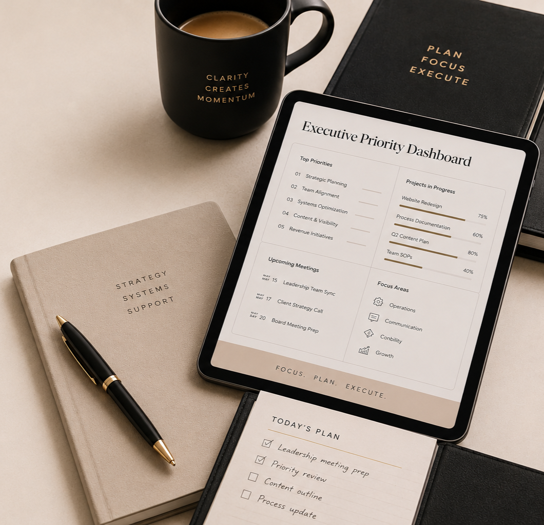 A workspace with a tablet displaying an executive priority dashboard, a beige notebook and black pen labeled 'Strategy Systems Support', black coffee mug with gold text, and a black notebook with gold text 'Plan Focus Execute'.