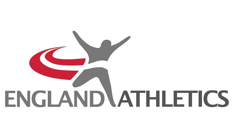 Logo for England Athletics featuring a stylized human figure with arms raised, a swirl design, and the text 'England Athletics'.