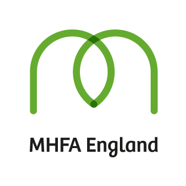 Logo for MHFA England featuring two green stylized people and the text 'MHFA England' underneath.