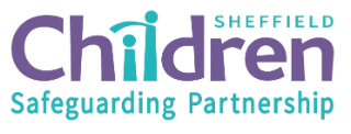 Logo of Sheffield Children Safeguarding Partnership with purple and teal text.