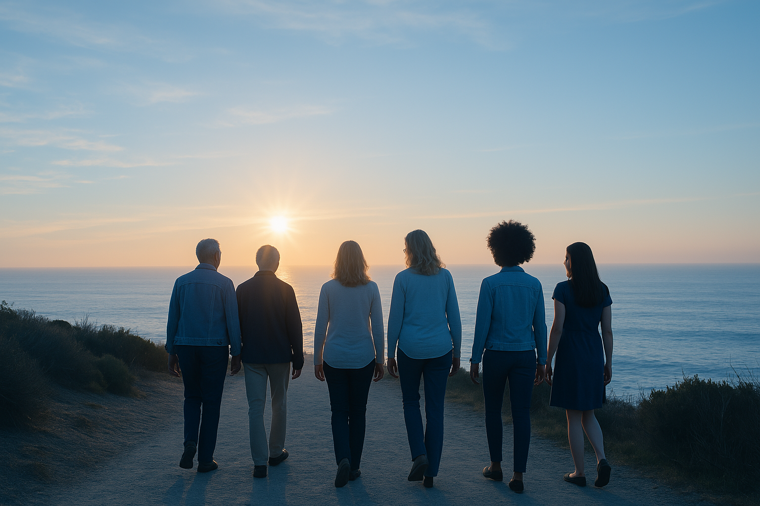 Six people walking together along a coastal path during sunset.