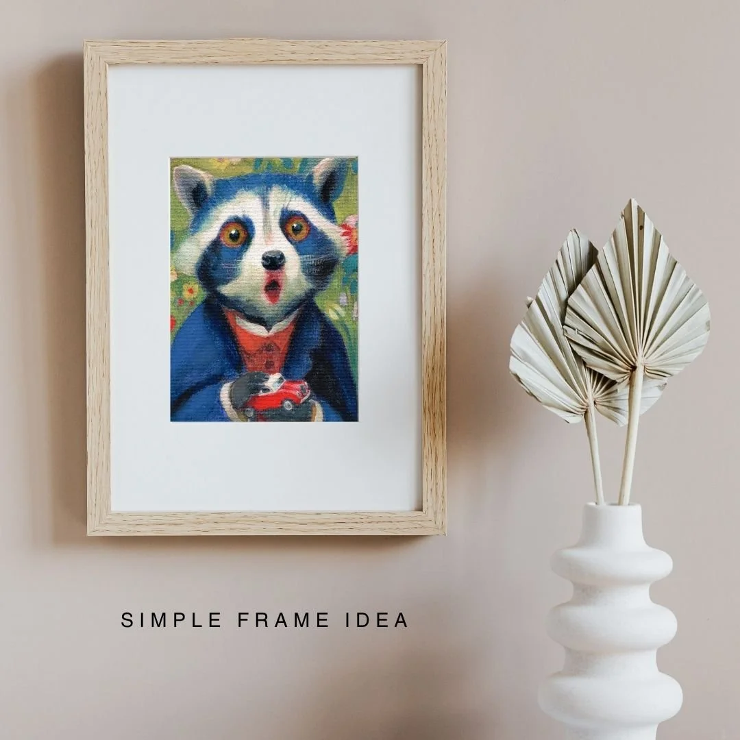 wooden frame with a pet raccoon holding a toy car
