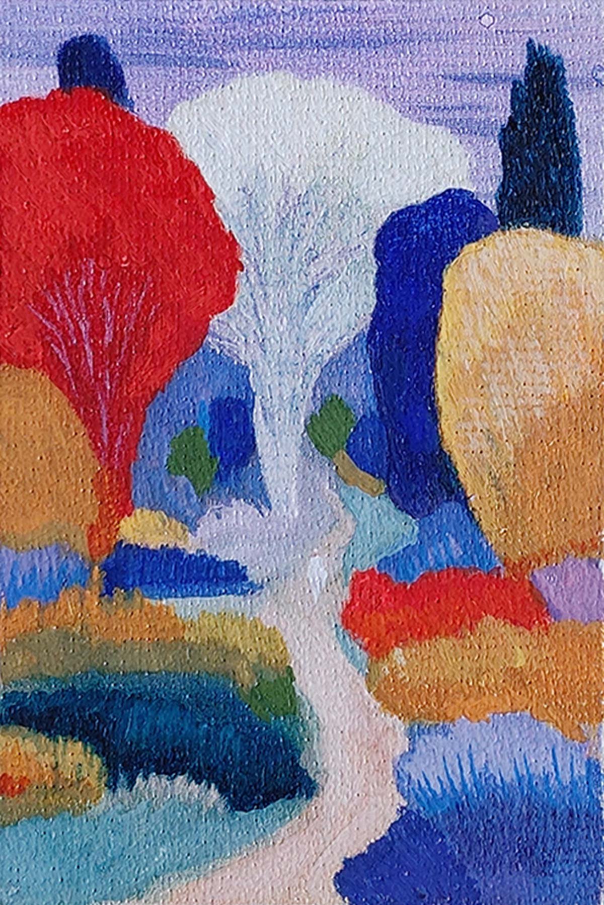 Close-up of a colorful abstract miniature landscape painting featuring large blossoms in red, blue, yellow, and white with green accents