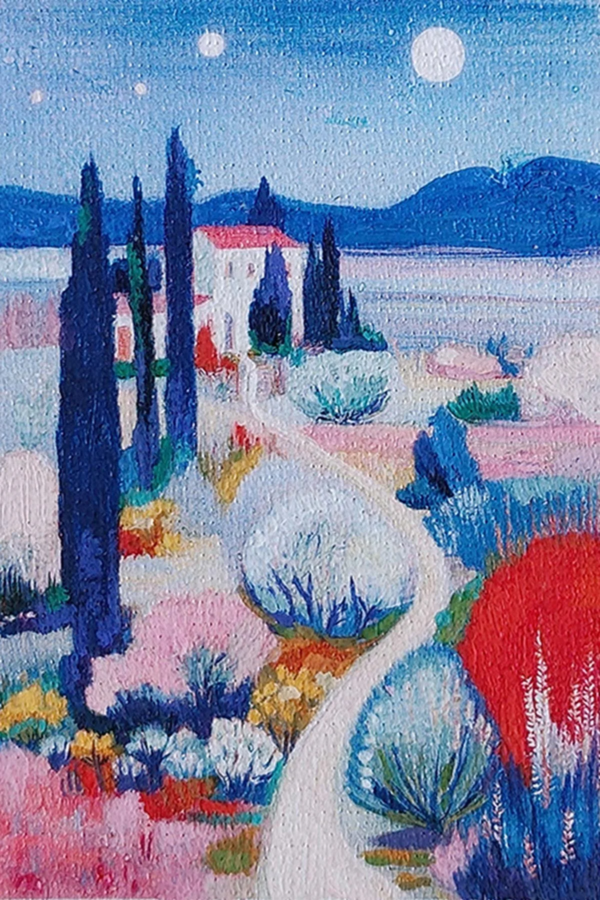 A miniature painting of an Italian landscapewith a house surrounded by tall trees, with mountains and a starry sky in the background.