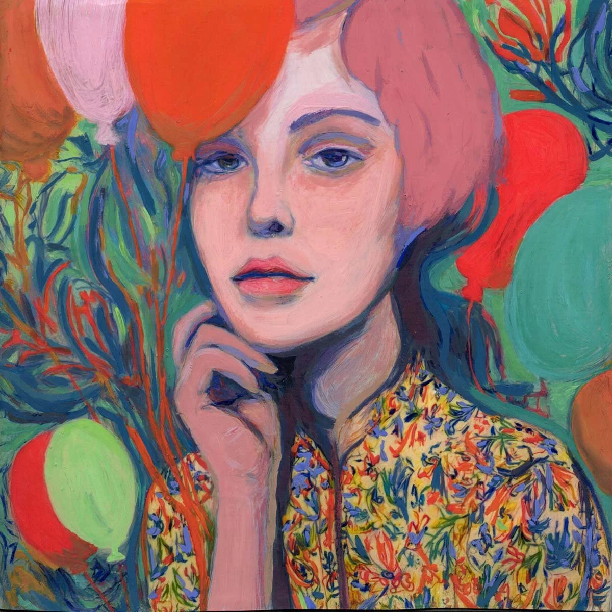 Expressive gouache painting by Aleksandra Ola featuring a woman with pinkish hair amidst bright balloons and abstract colorful patterns.