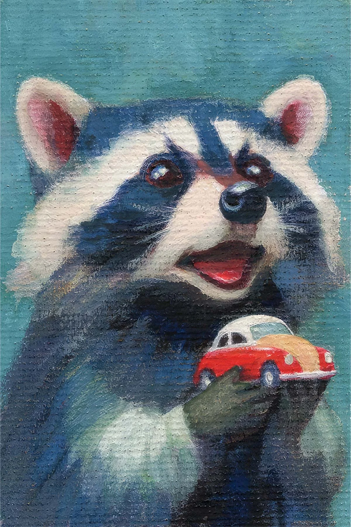 A miniature 6x9 cm gouache painting of a raccoon holding a small red vintage car against a vibrant blue background.