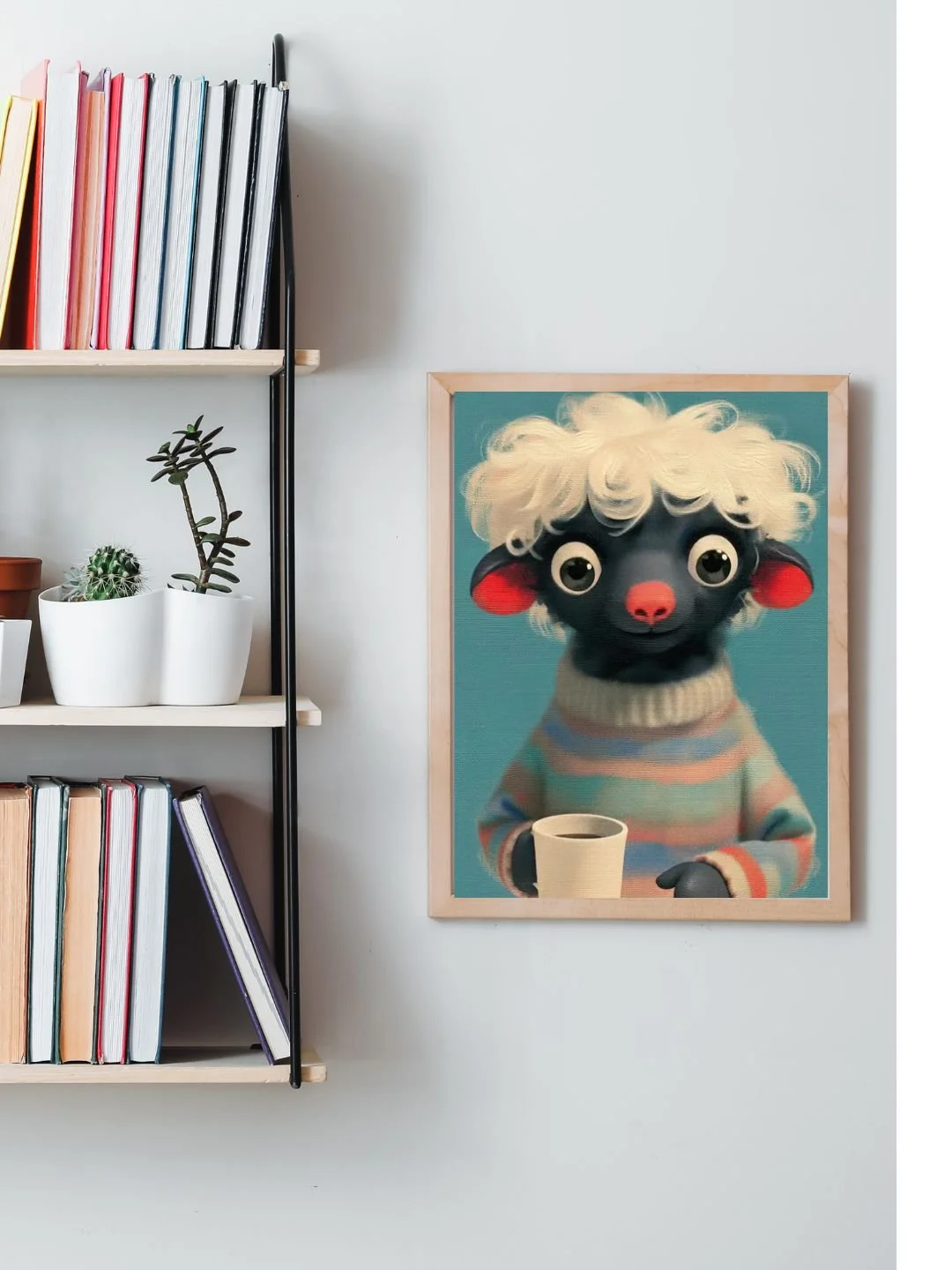 little lamb drinking coffee funny painting by Aleksandra OLA 