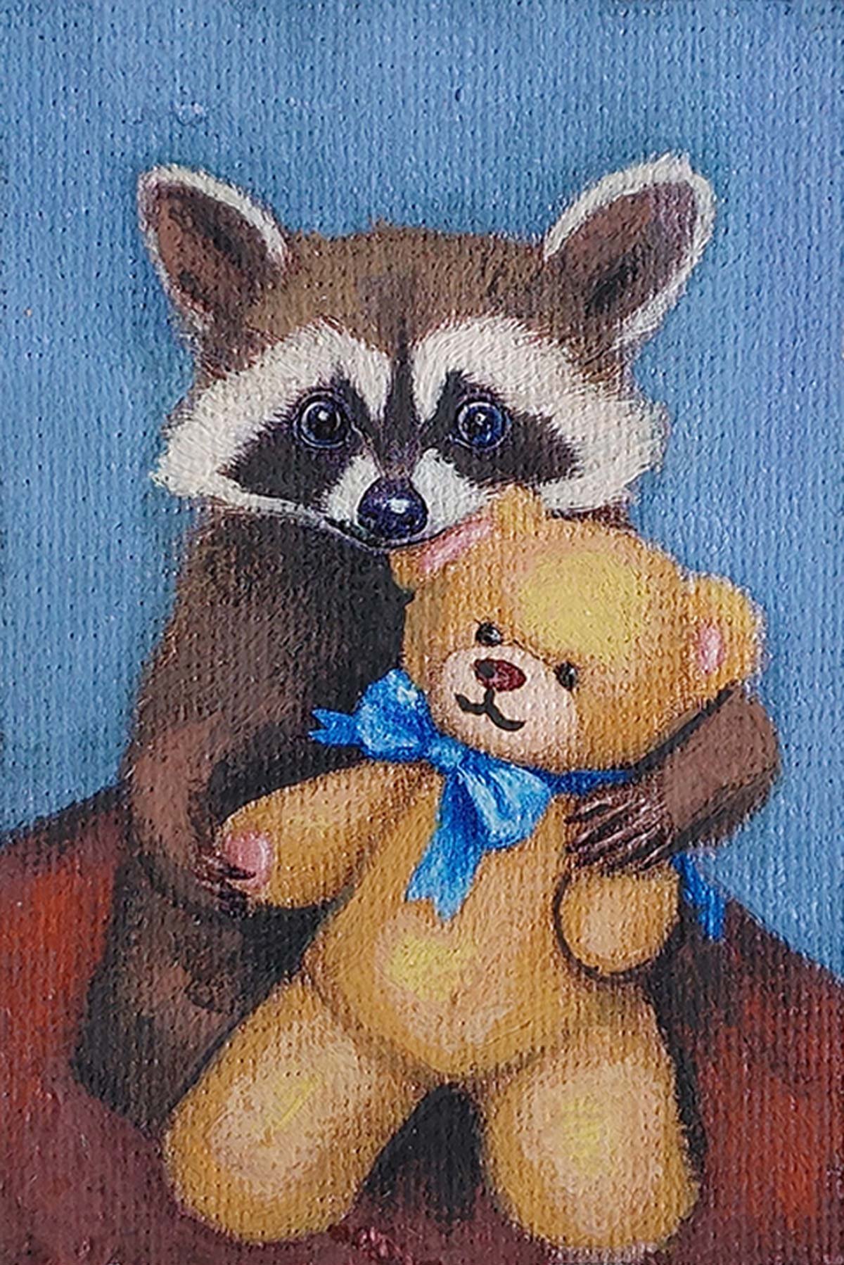 A miniature 6x9 cm whimsical gouache painting of a raccoon holding a brown teddy bear with a blue bow.