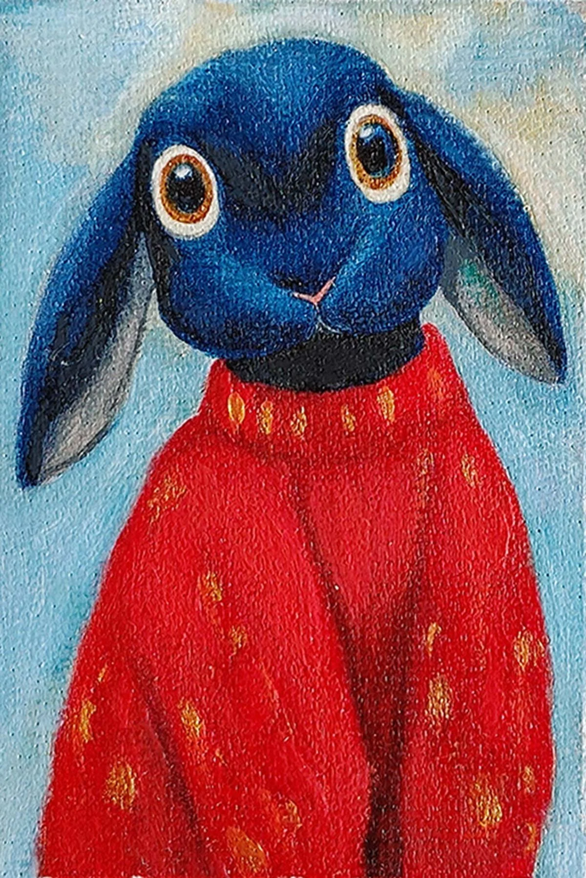 A detailed gouache miniature portrait of a black rabbit wearing a red sweter
