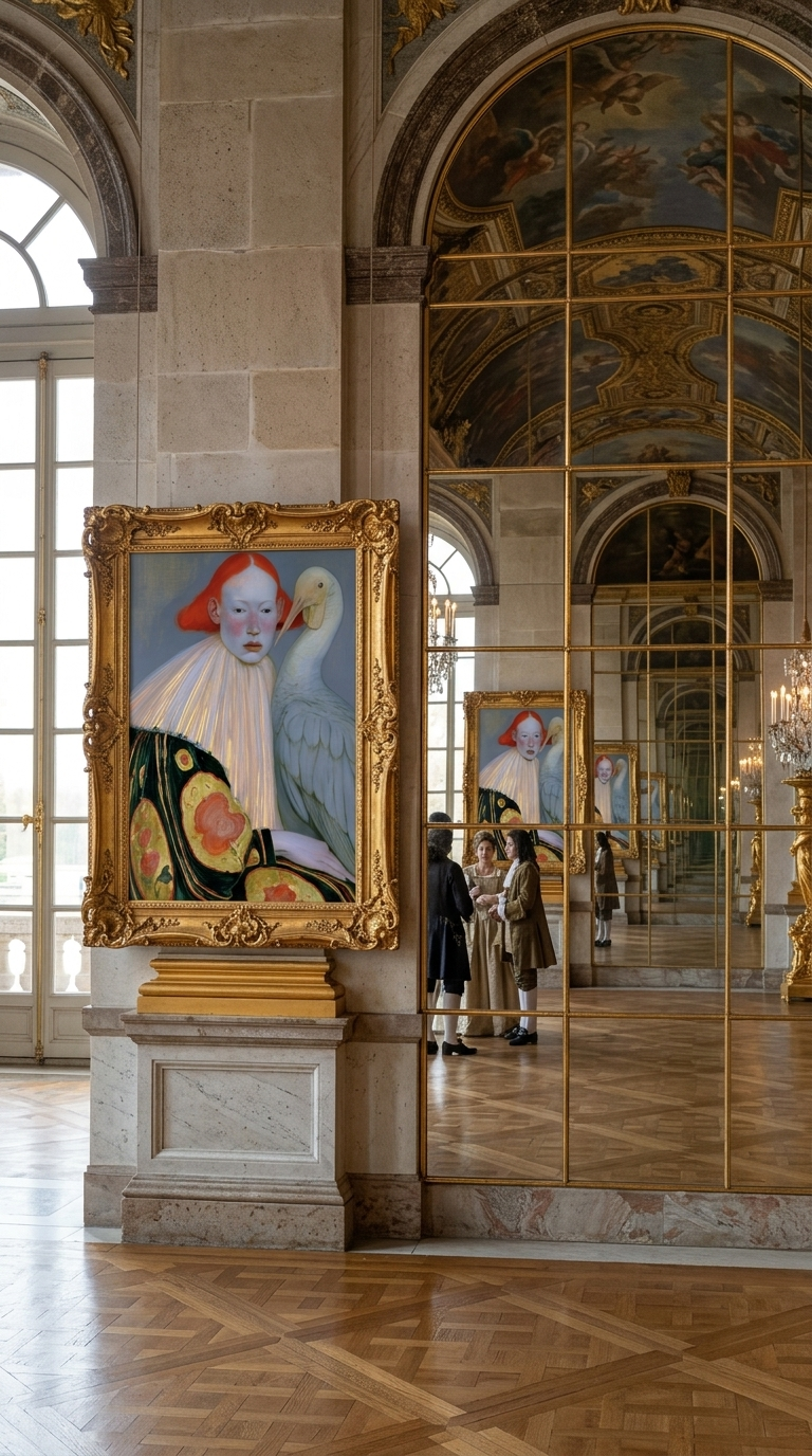 A portrait of a pantomime actor in makeup, accompanied by a grey bird displayed in a gold frame within a palatial hall of mirrors.