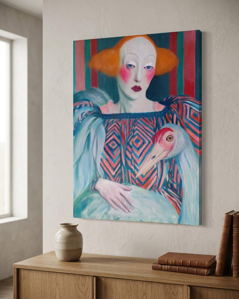 A painting in acrylics depicting a mime—wearing a wig and white face paint—with a crane displayed in an elegant interior.
