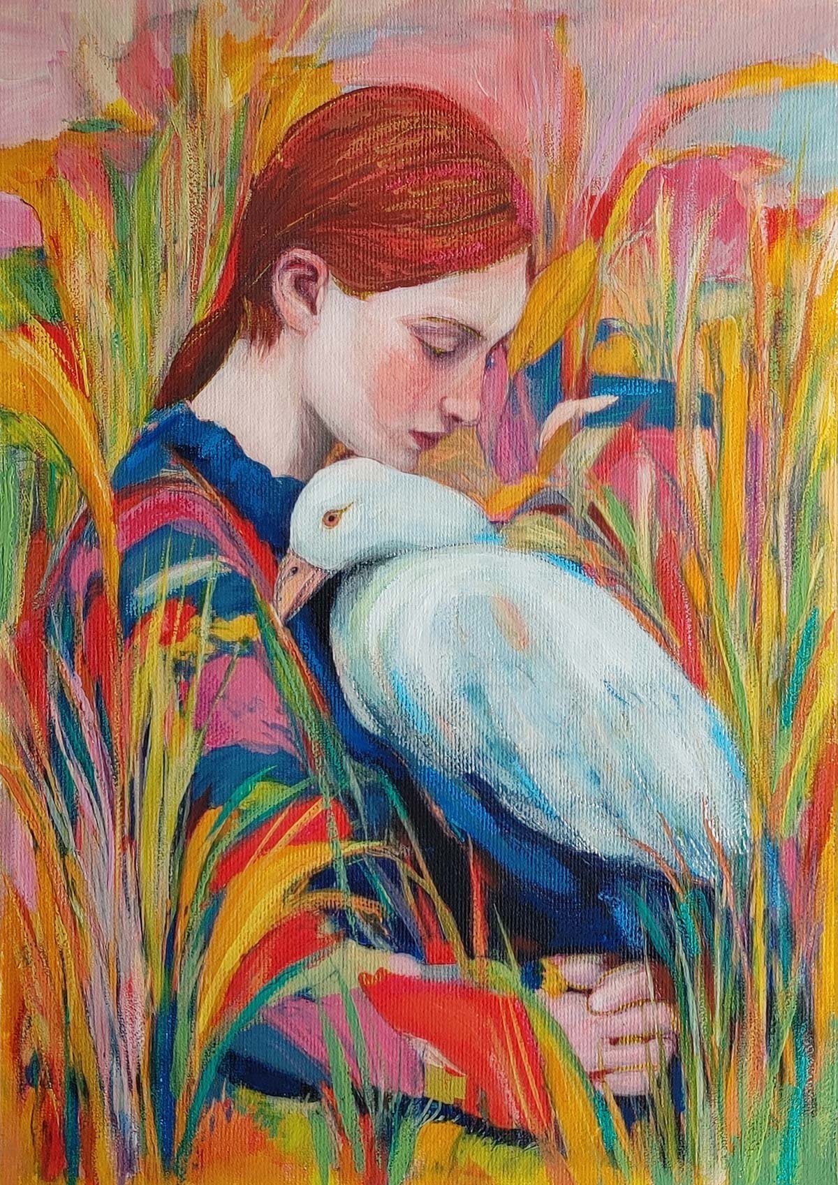 An expressive gouache painting of a serene red-haired woman gently cradling a large white bird, surrounded by vibrant yellow and pink reeds. Original contemporary portrait by artist Aleksandra Ola.