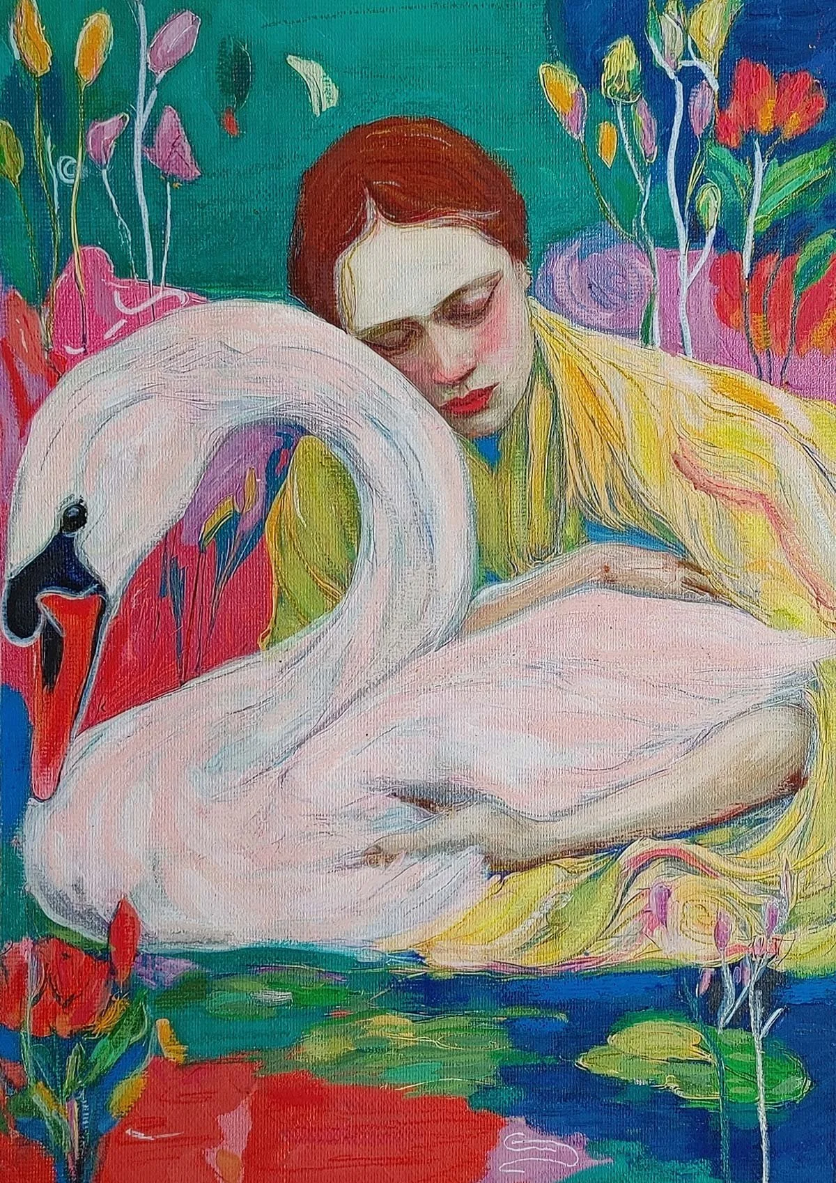 A colorful gouache painting of a red-haired woman gently hugging a large white swan, set against a dark teal and green background with abstract flowers.