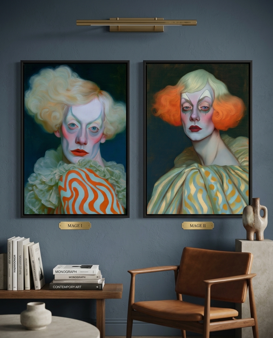 two drag queen's portraits in colorful wiggs hang in an office on a gray wall