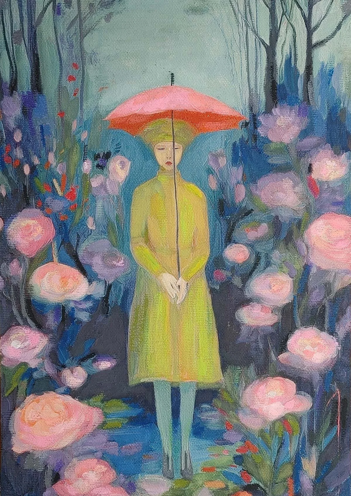 An expressive gouache painting of a young woman in a lime-colored coat holding a pink umbrella, standing amidst vibrant pink roses in a dark forest. Contemporary portrait by Aleksandra Ola.