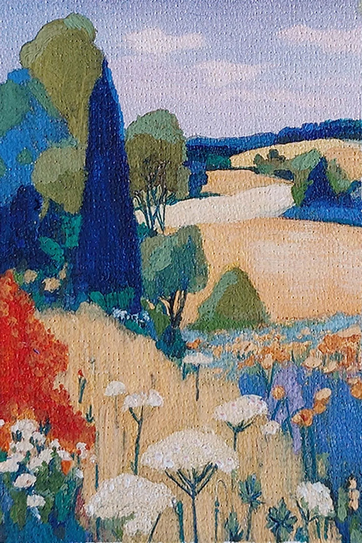 A miniature Tuscany landscape painting of rolling hills, trees, and flowers with a sky background.