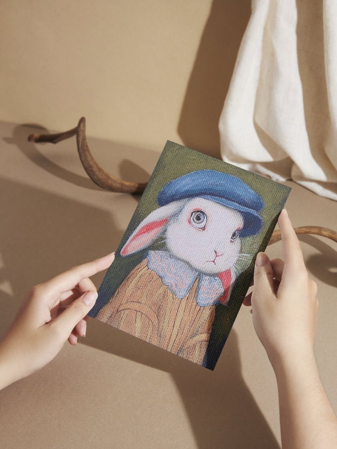 white bunny in a hat miniature painting by Aleksandra OLA