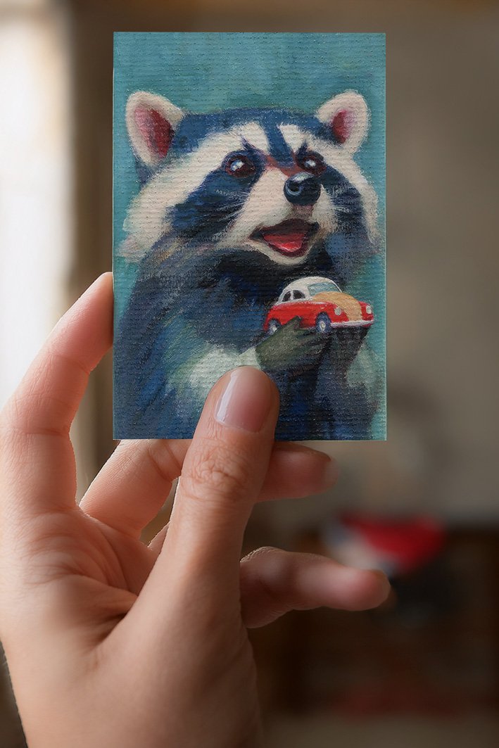 happy raccon holds his red toy car with an o