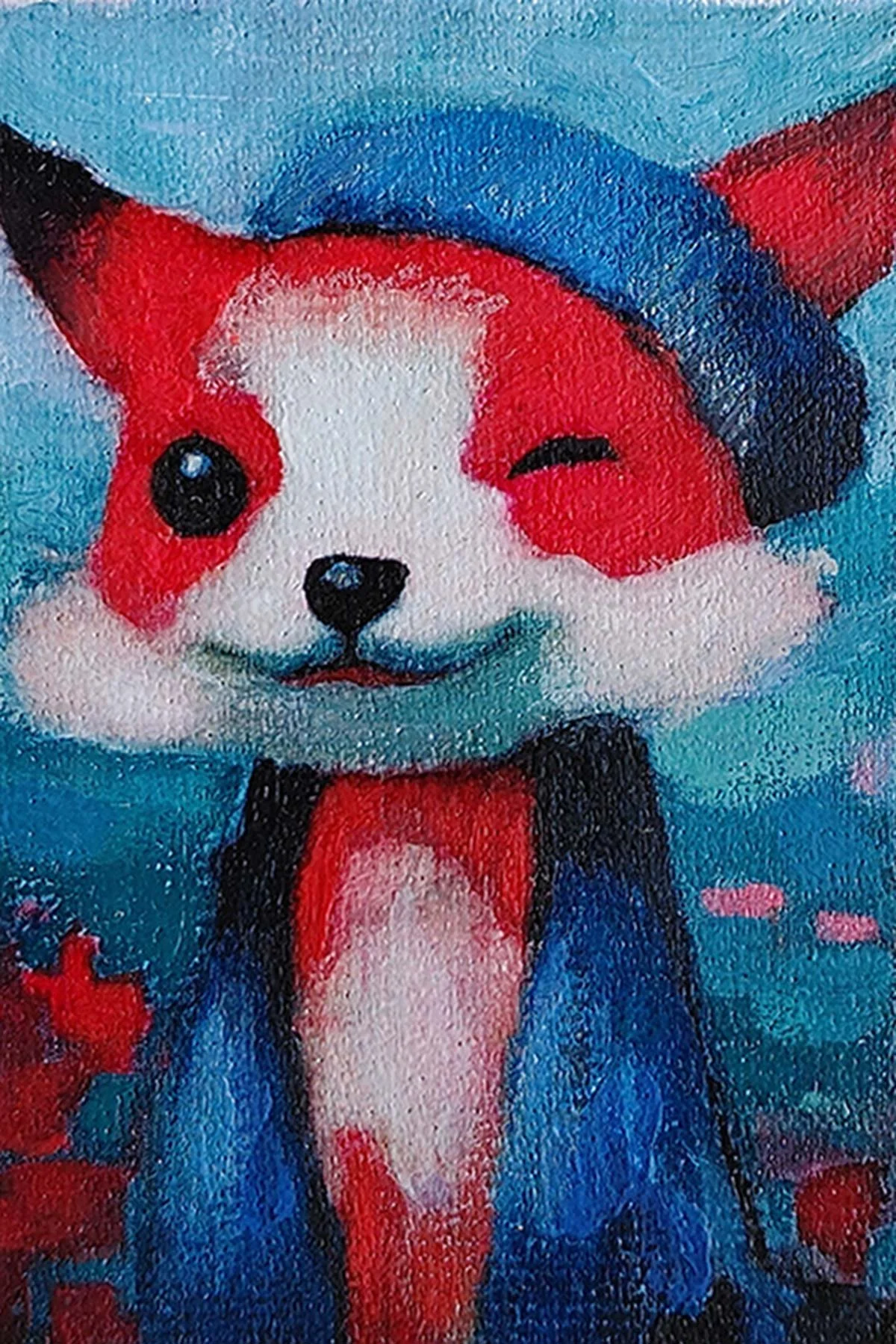 A custom 6x9 cm gouache portrait of a cute red fox wearing a blue baseball cap and a red scarf against a vibrant background.