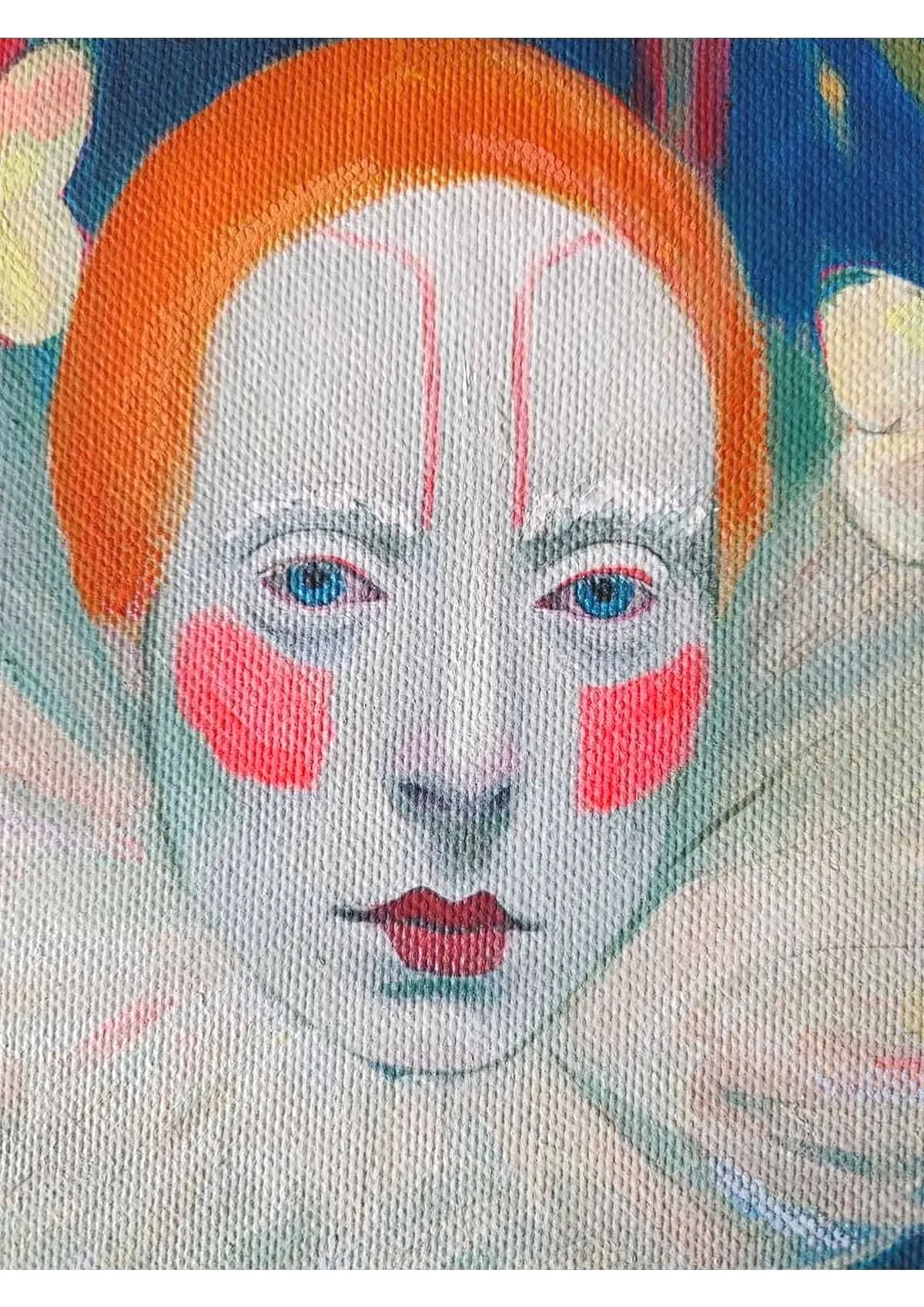 mime actor with strong make uo with pink cheeks and orange wig. Detaild of a painting