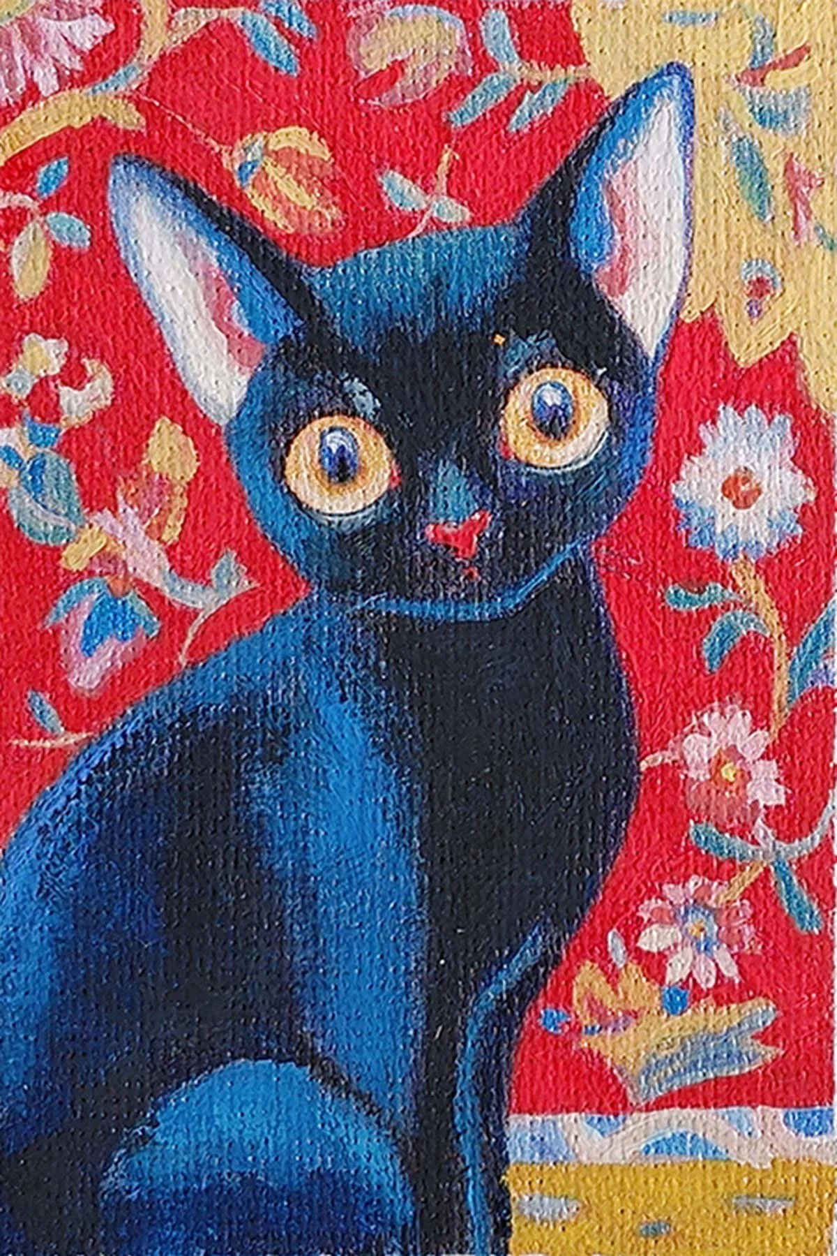 A miniature 6x9 cm gouache painting of a black cat with big yellow eyes sitting against a red floral background.