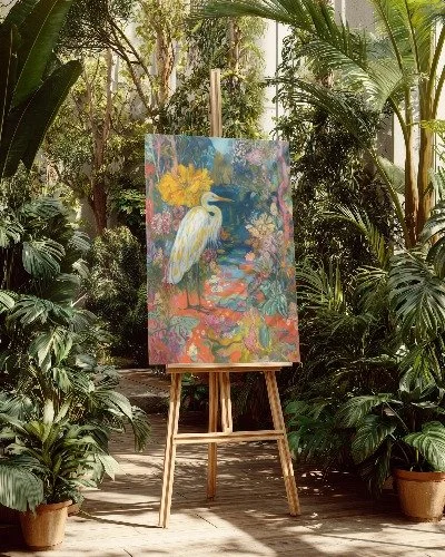 nature inspired painting with a white crane