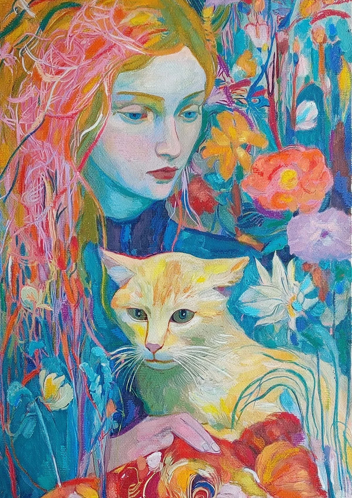 A colorful expressionist gouache painting of a pink-haired woman holding a light yellow and white cat, surrounded by vibrant abstract flowers in a lush garden.
