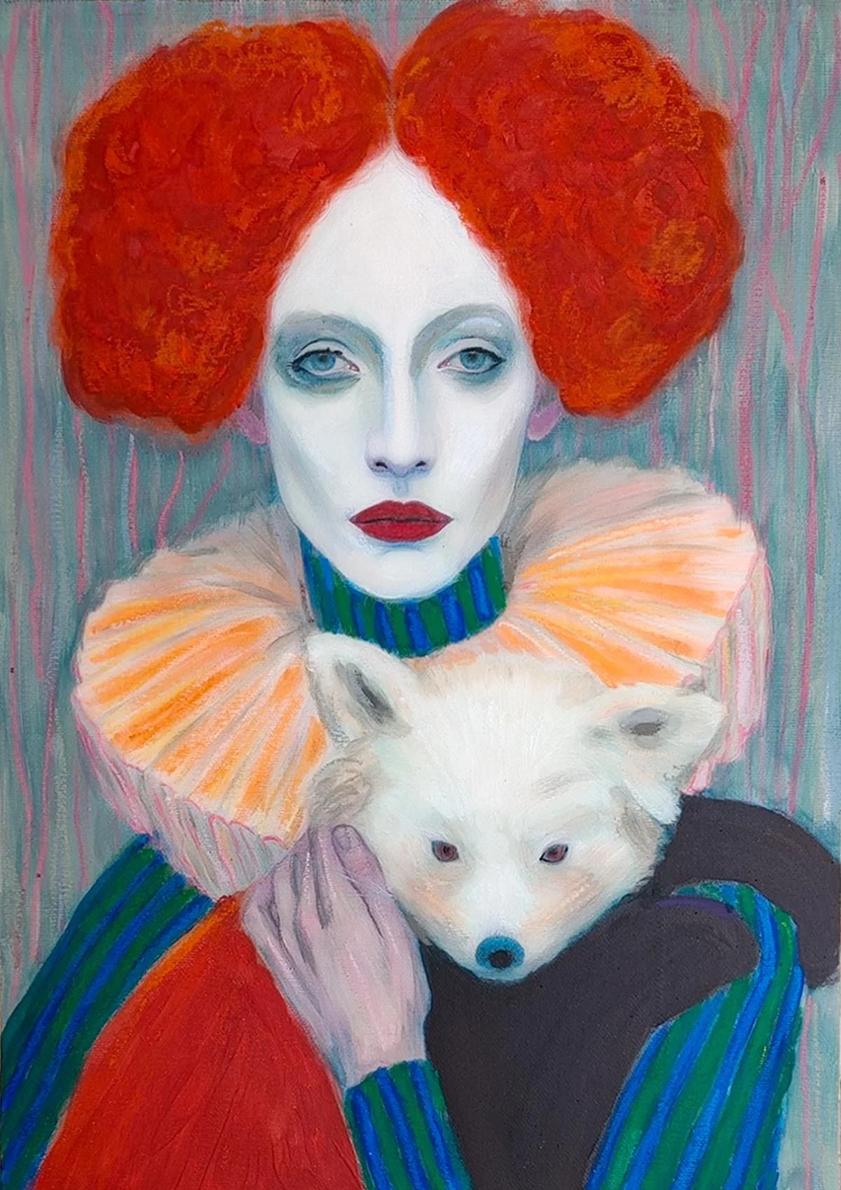 Contemporary figurative portrait painting by Aleksandra Ola from My Gallery Wall, depicting a pale woman with bright red hair and a striped collar, holding a small red panda.