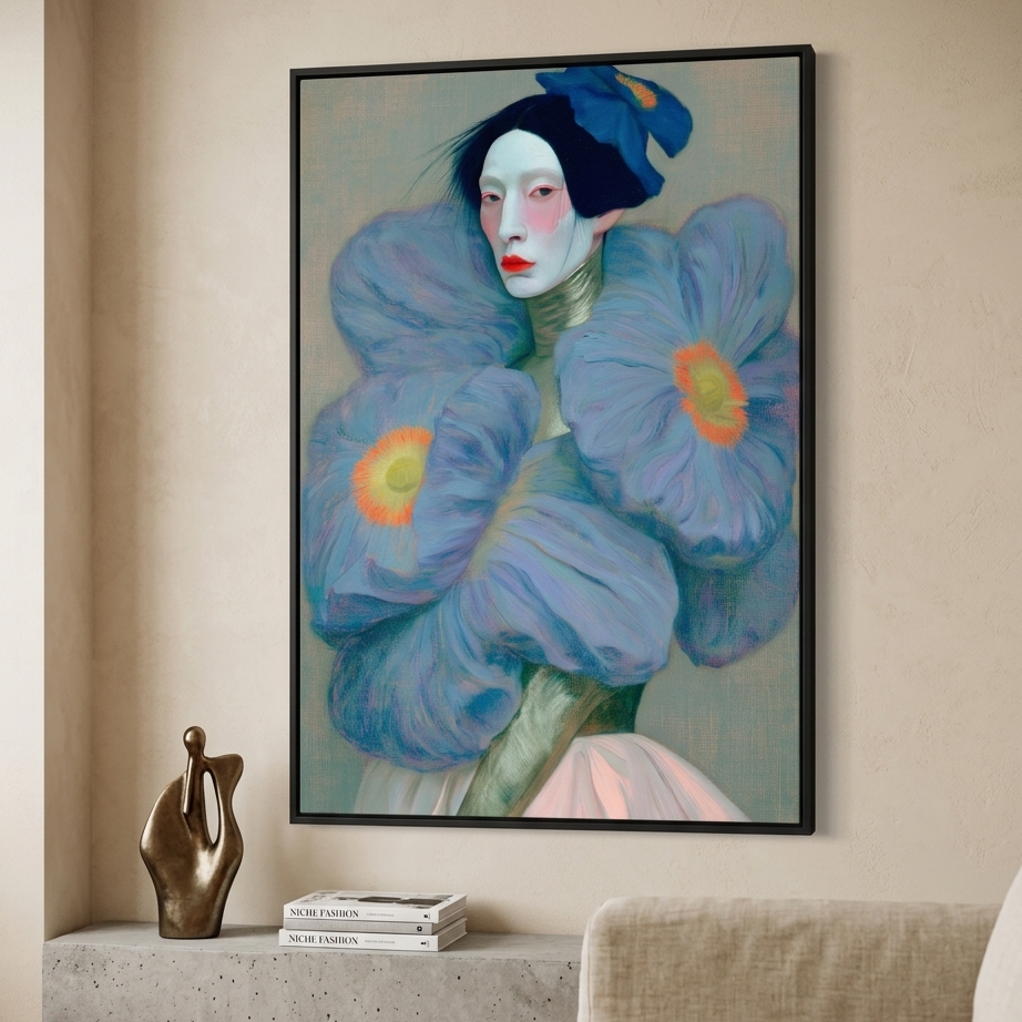 A portrait of a model in a geisha-inspired outfit featuring blue floral patterns hanging on the wall of an elegant room.