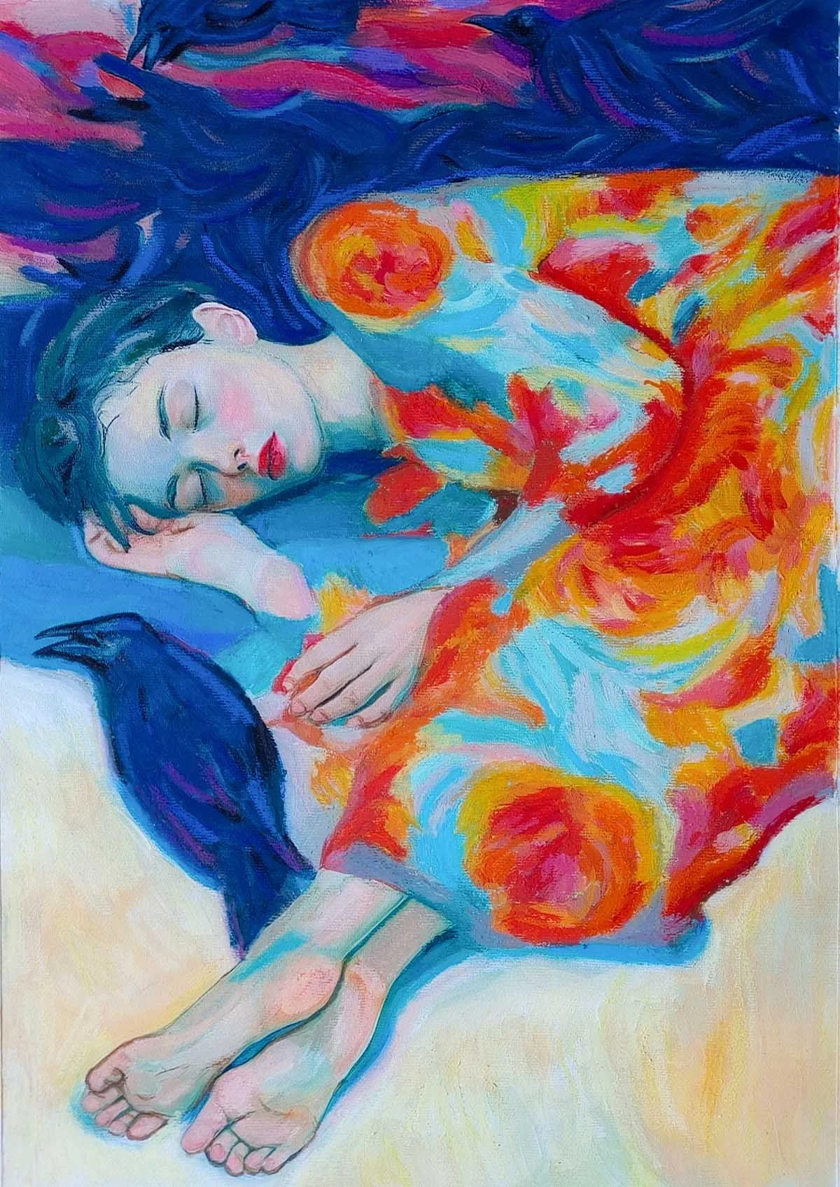 A colorful painting of a woman with blue hair and red lips, sleeping with eyes closed. She is dressed in a vibrant, floral-patterned dress with orange, yellow, red, and blue hues. The woman is lying on a light-colored surface, with one arm resting near her head and the other extended outward.