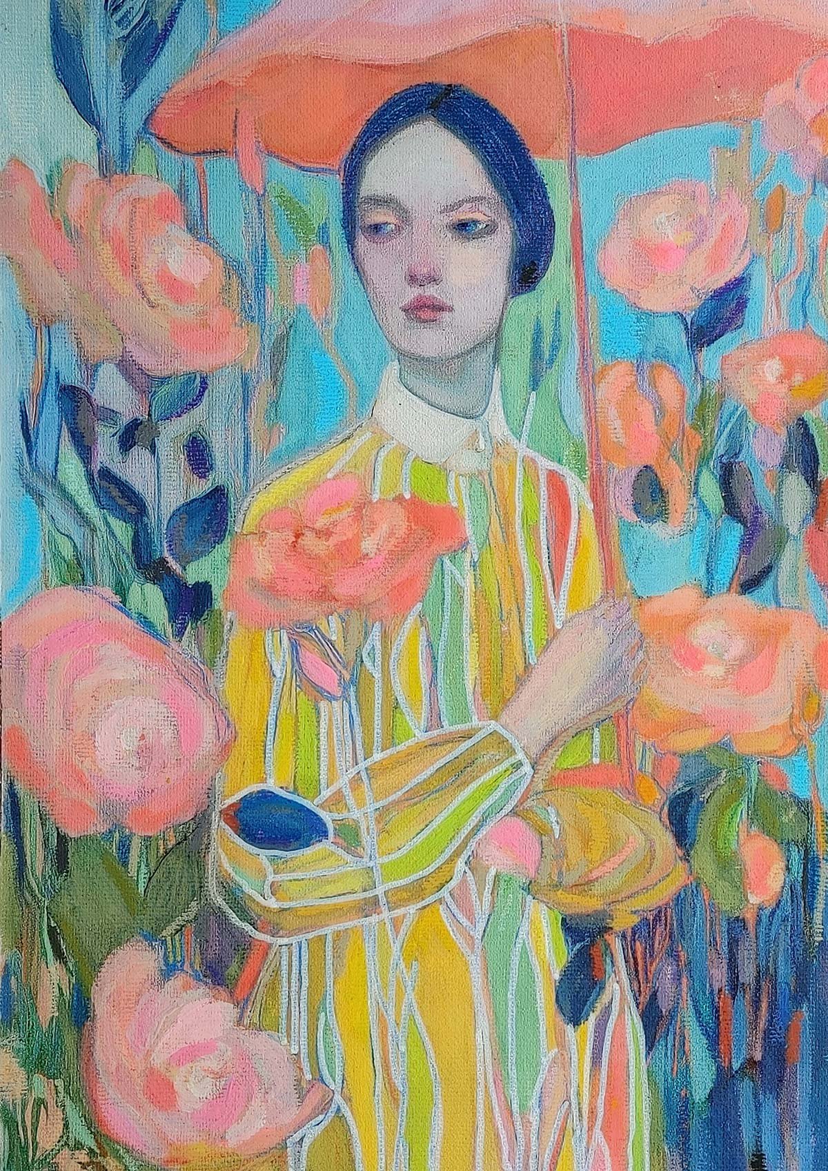 An expressive gouache painting of a pale, dark-haired woman holding a salmon-pink umbrella, standing amidst an explosion of coral roses. Modigliani style contemporary portrait by Aleksandra Ola.