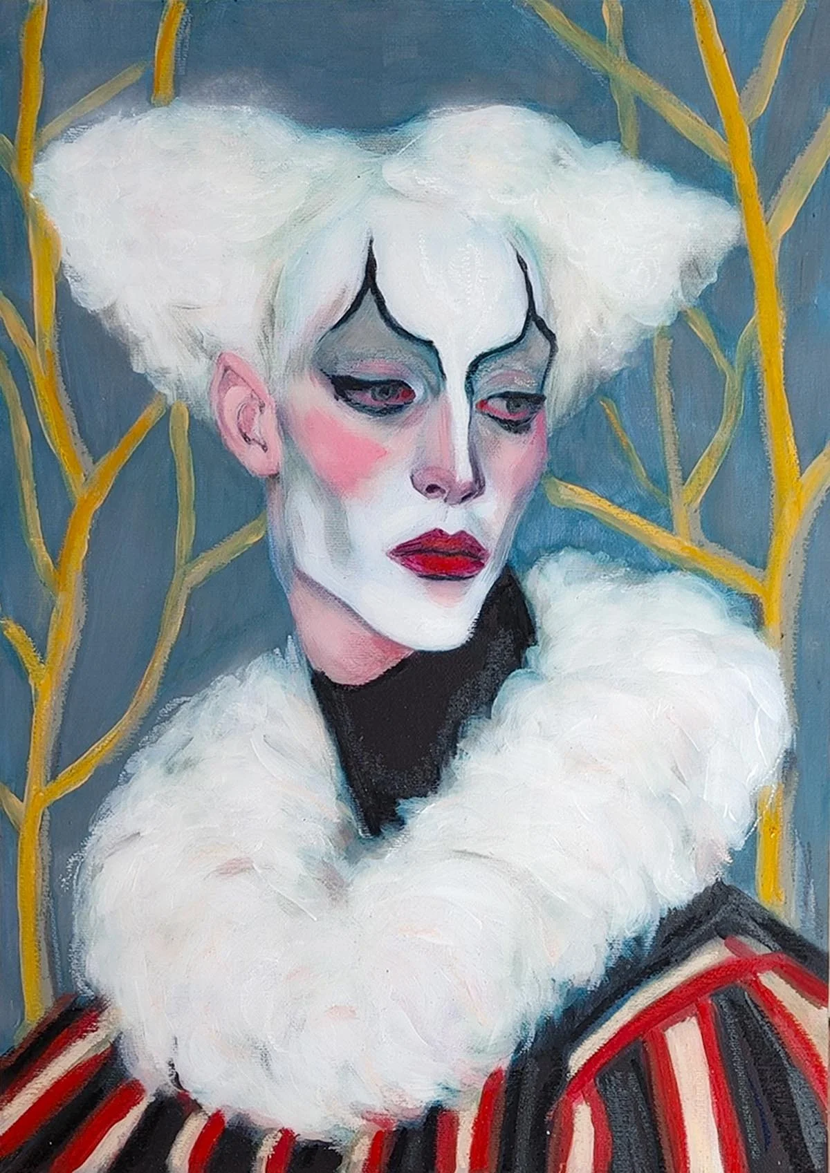 An expressive portrait of a woman with striking makeup, white fluffy hair, and a white fur coat with a black and red striped garment on her arm, set against a background of yellow branches.