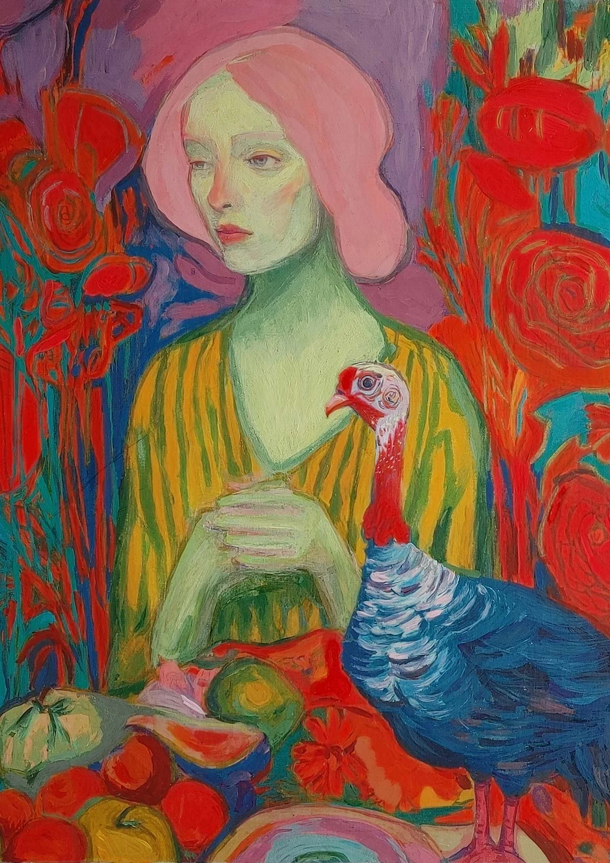 A vivid gouache painting of a pale, pink-haired woman in a yellow striped dress sitting with a blue and red turkey, surrounded by large abstract red flowers.