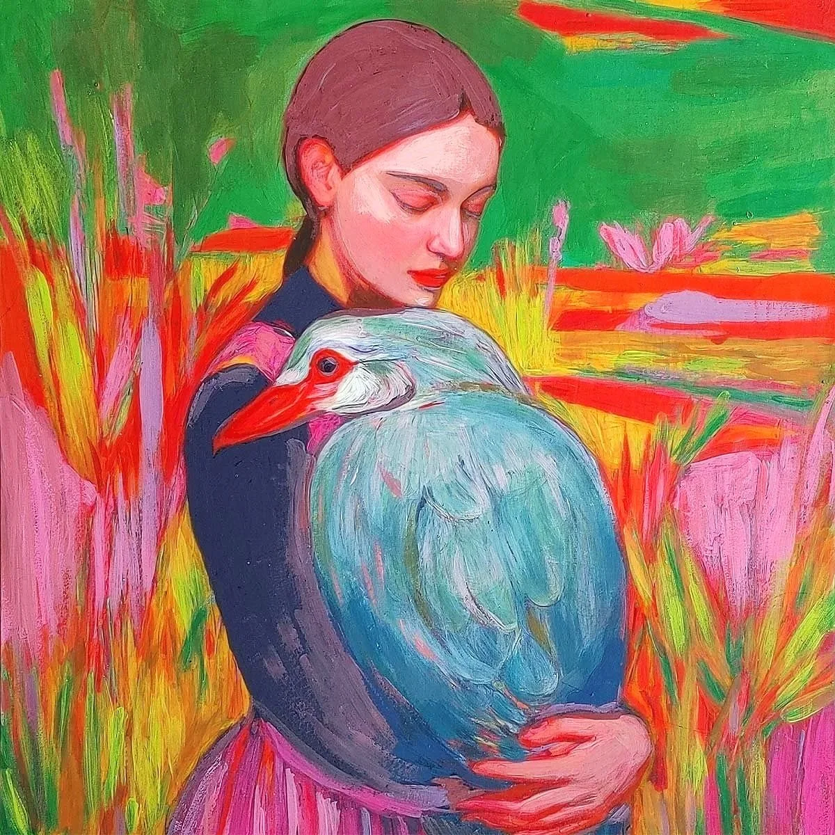 A contemporary figurative painting using a rich blend of acrylic, gouache, and pastels, featuring a serene young woman with dark hair tied back, pale skin, and closed eyes. She is captured in a moment of quiet devotion, gently cradling a large, light