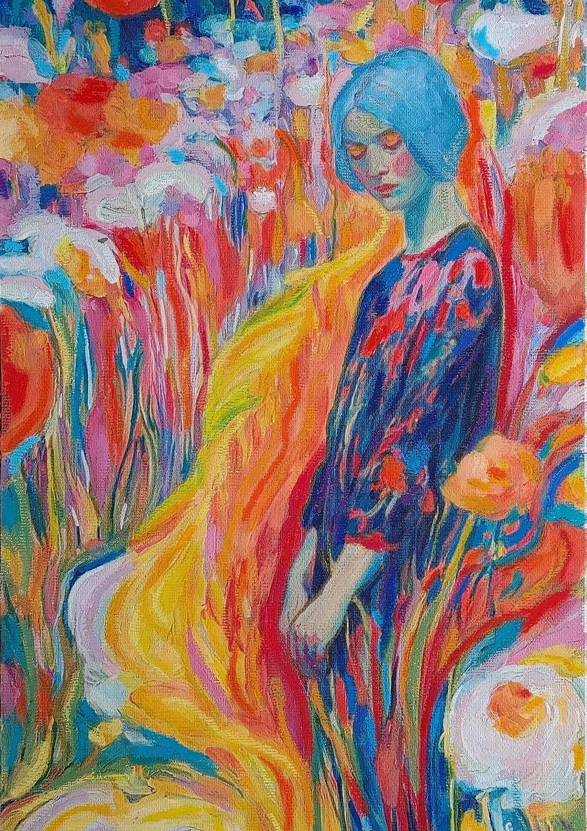 A colorful gouache painting of a blue-haired woman in a patterned dark dress surrounded by vibrant red, orange, and yellow abstract flowers.