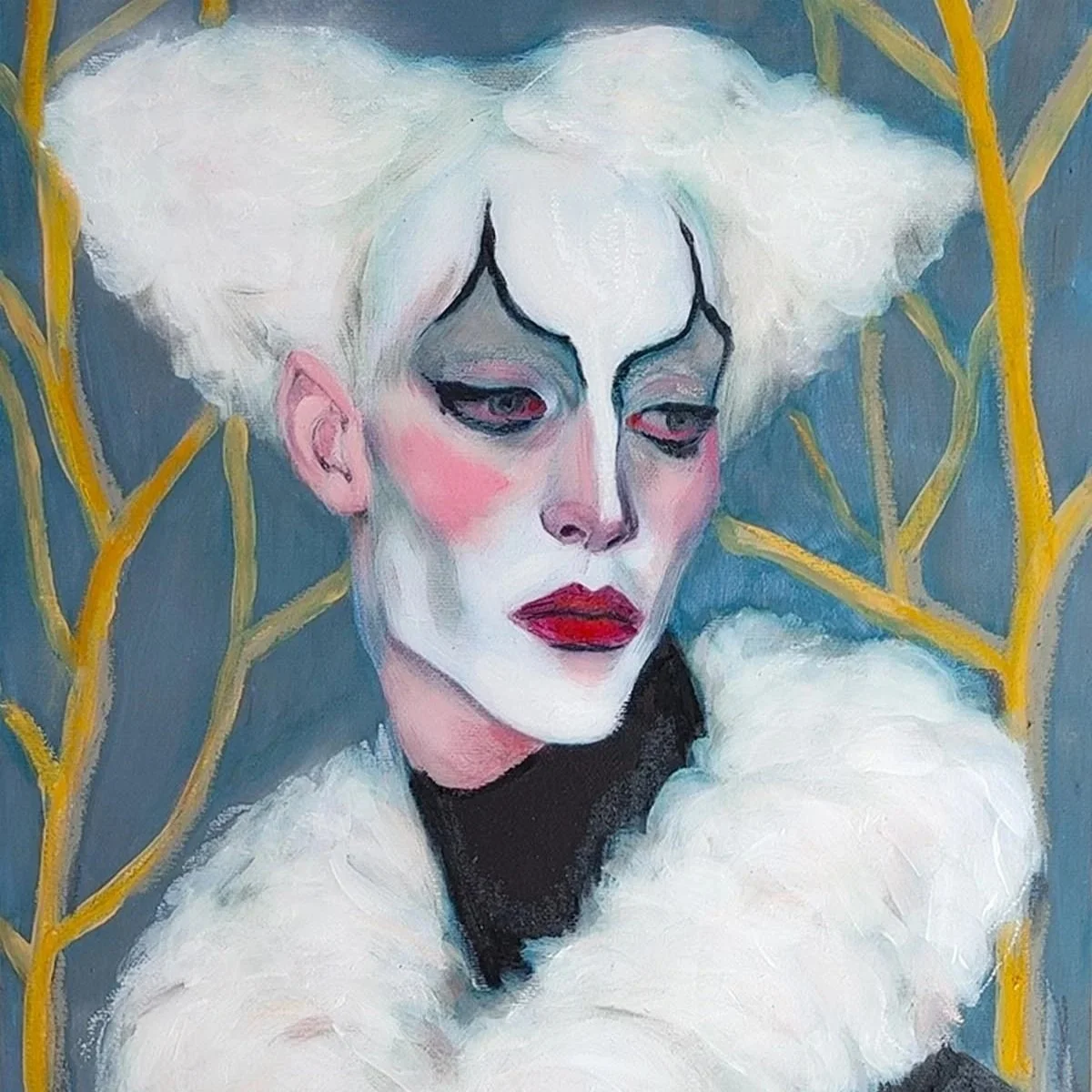 A theatrical and melancholic contemporary portrait painting focusing on a mime with a stark white-painted face, dramatic high arched black eyebrows, and deep red lips. The figure features cloud-like white hair styled into two large, soft puffs and we