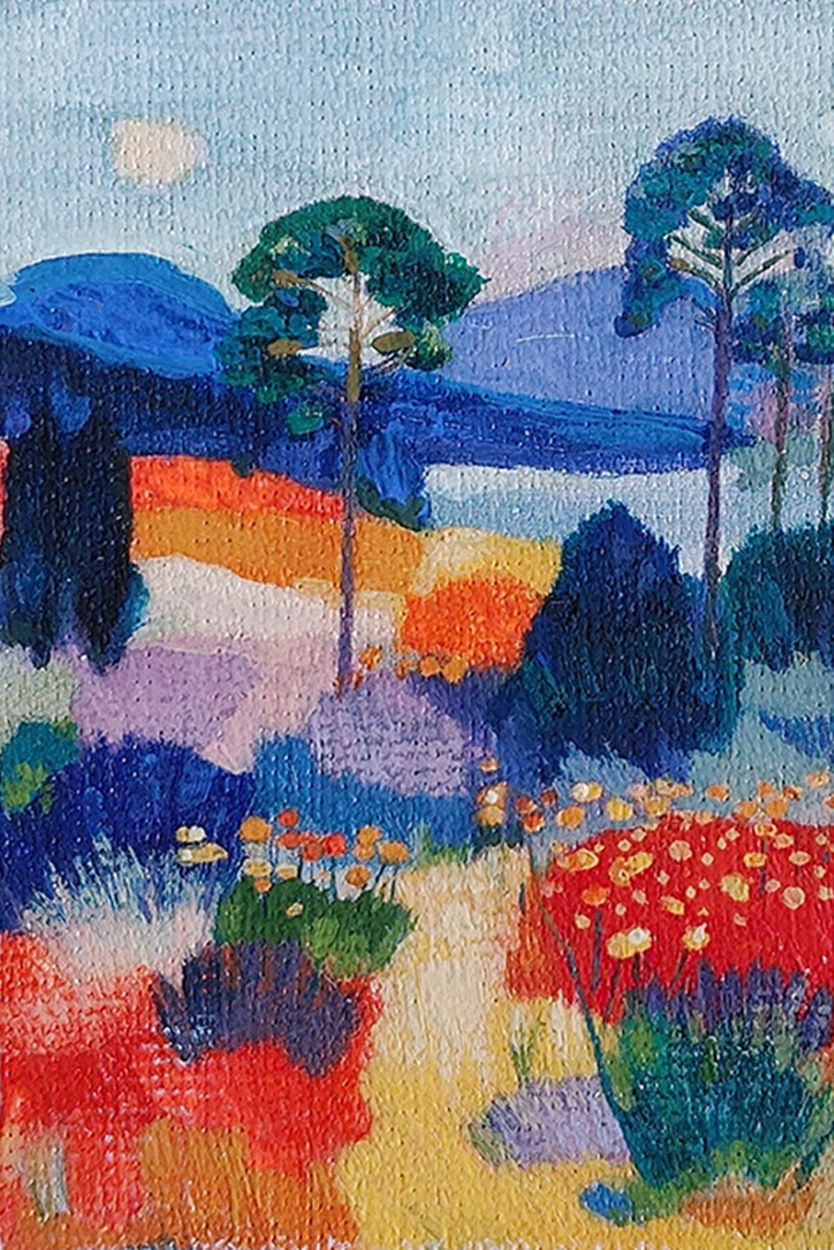 A colorful landscape painting depicting trees, mountains, a bright sky, and a cloudy background with vibrant flowers in the foreground.