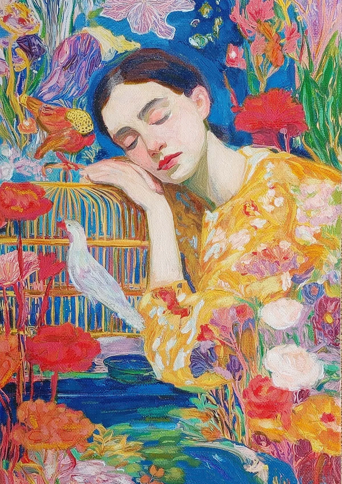 A colorful gouache painting of a sleeping dark-haired woman resting her head on her hand, next to a white bird perched on a cage in a vibrant flower garden.