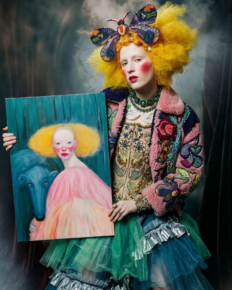 a top model in a John Galliano outfit holds a portrait painting