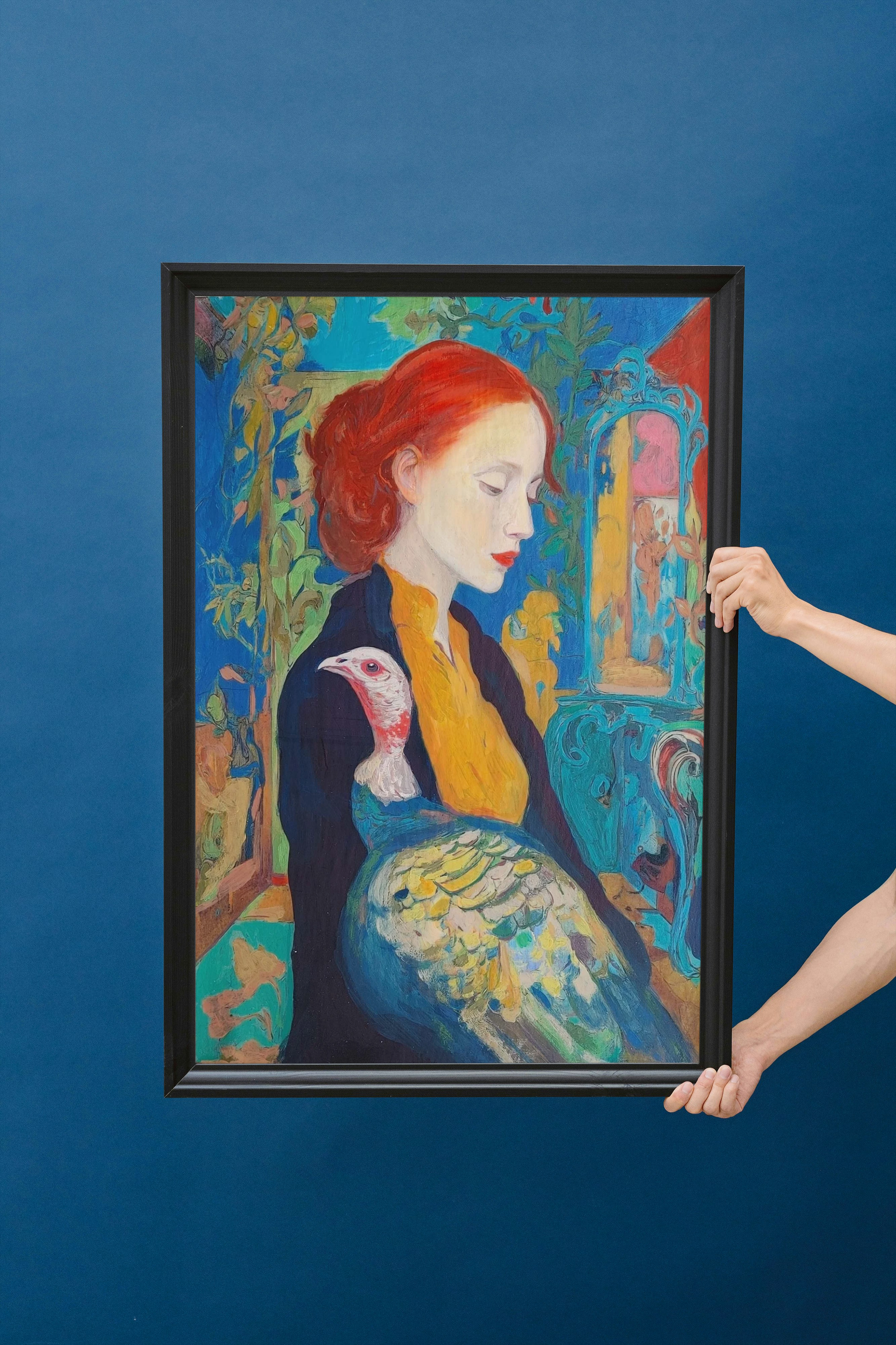 original painting of a romantic womand and a bird mixed media on canvas panel by aleksandra OLA