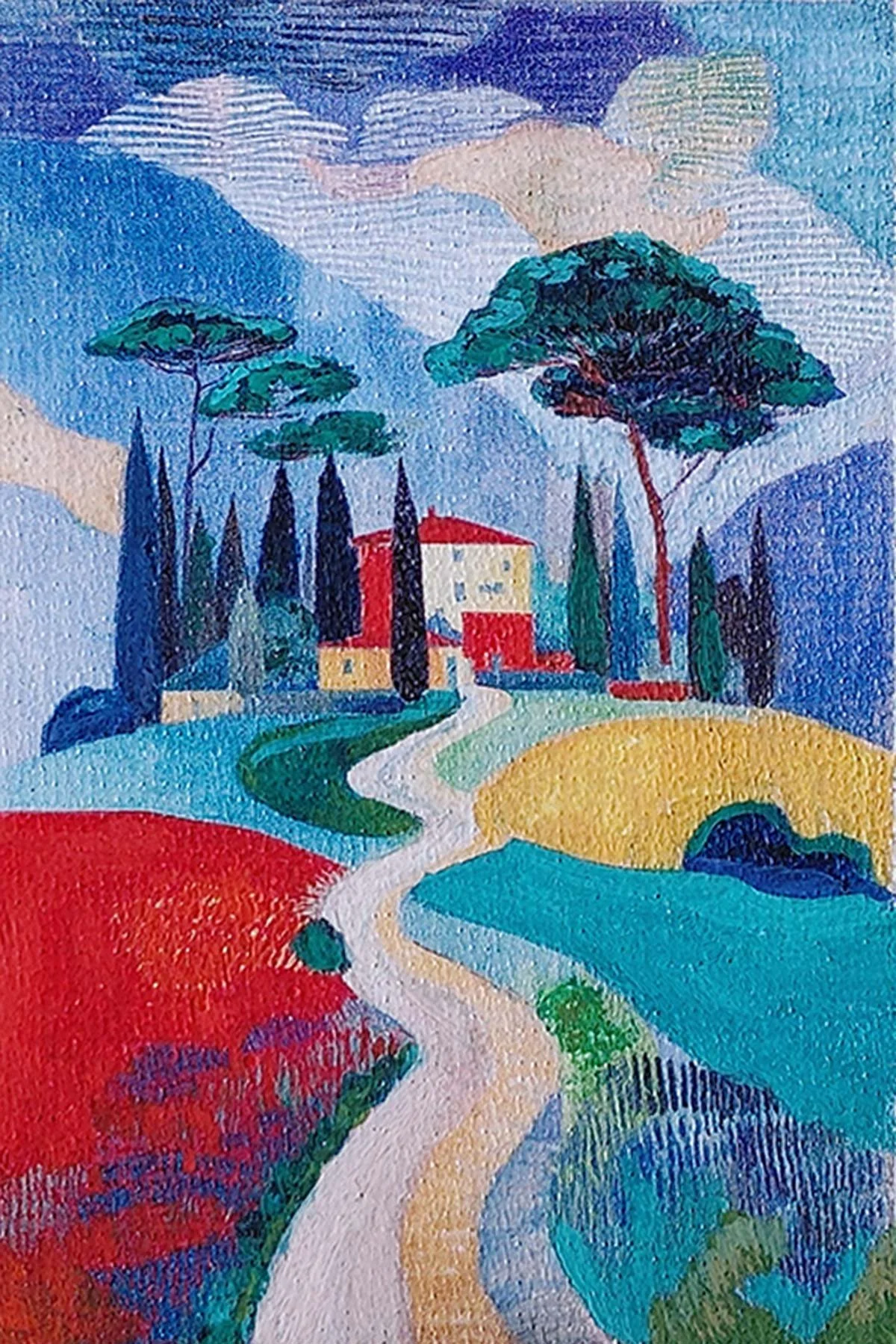 miniature colorful landscape painting featuring a winding path, trees, a house with a red roof, and mountains in the background.