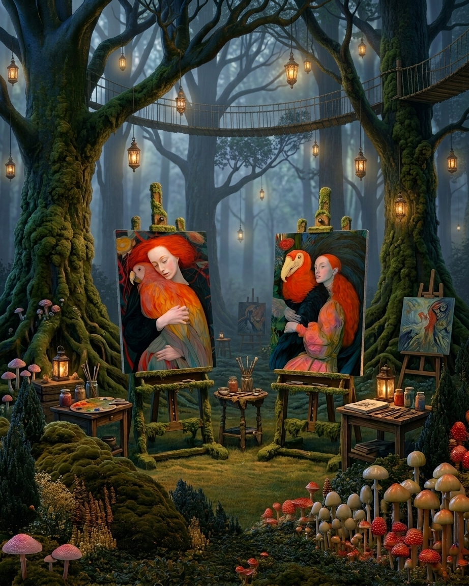 two portrait paintings of red haired women and exotic birds in a magical forest