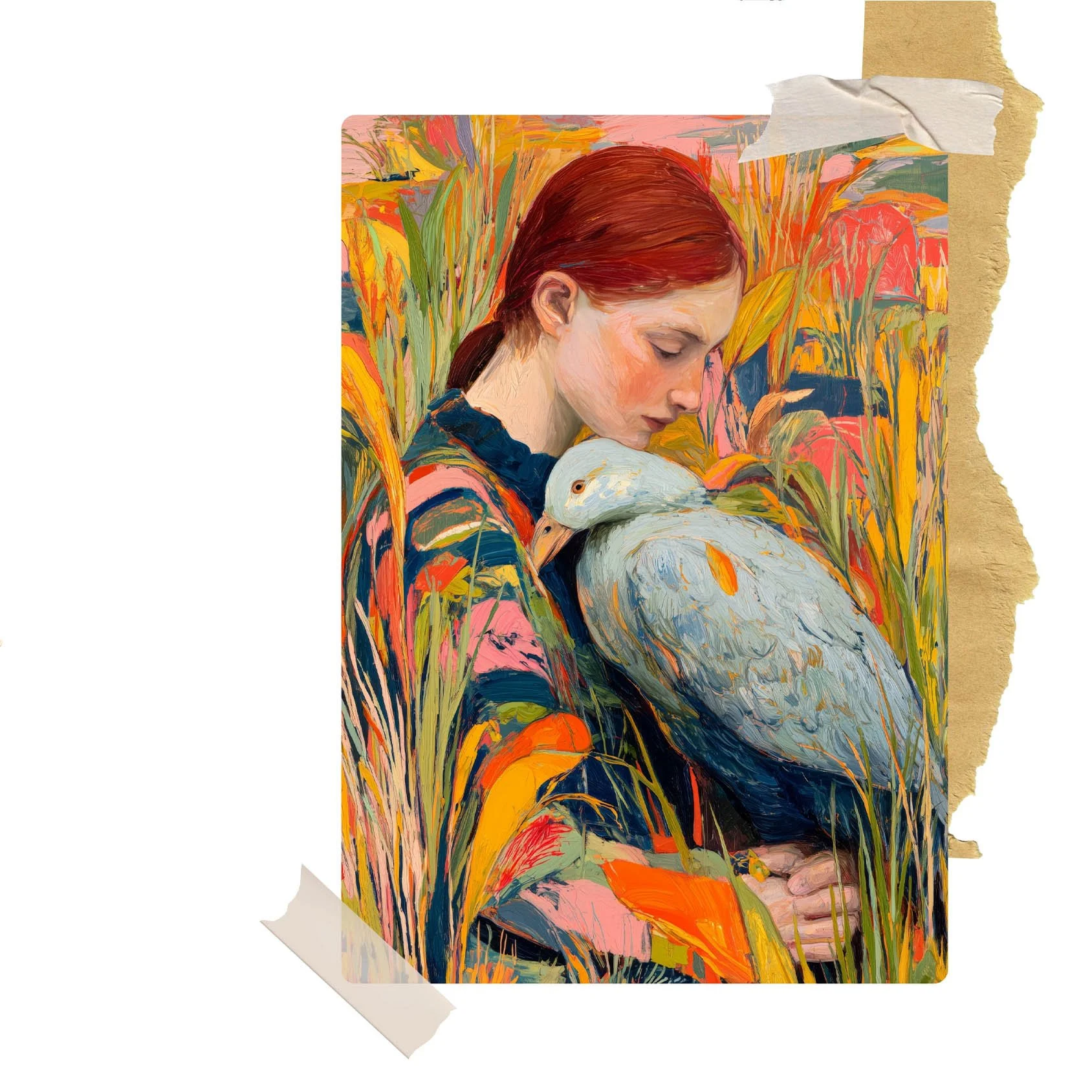 joyfull guacha painting af a red hair woman and a gray goose