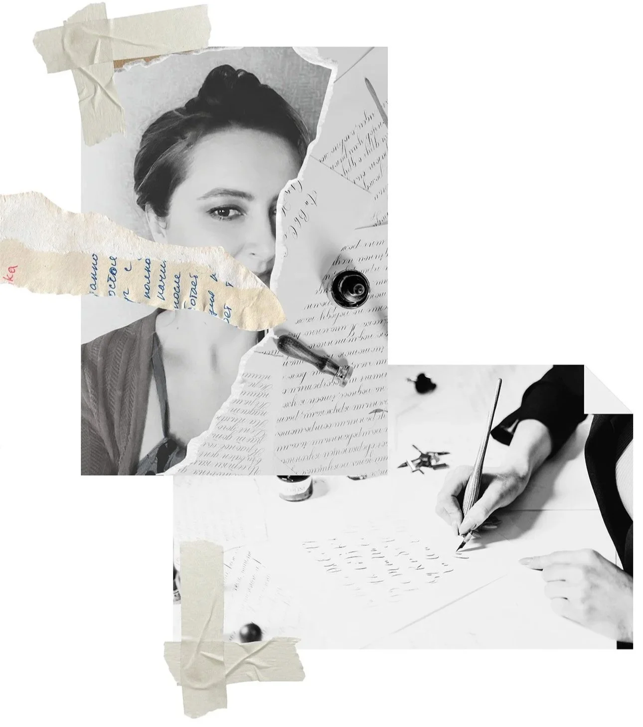 A black-and-white photo of an artist Aleksandra Ola, handwritten letters with a pen. The collage includes torn paper edges and tape indicating layered images.