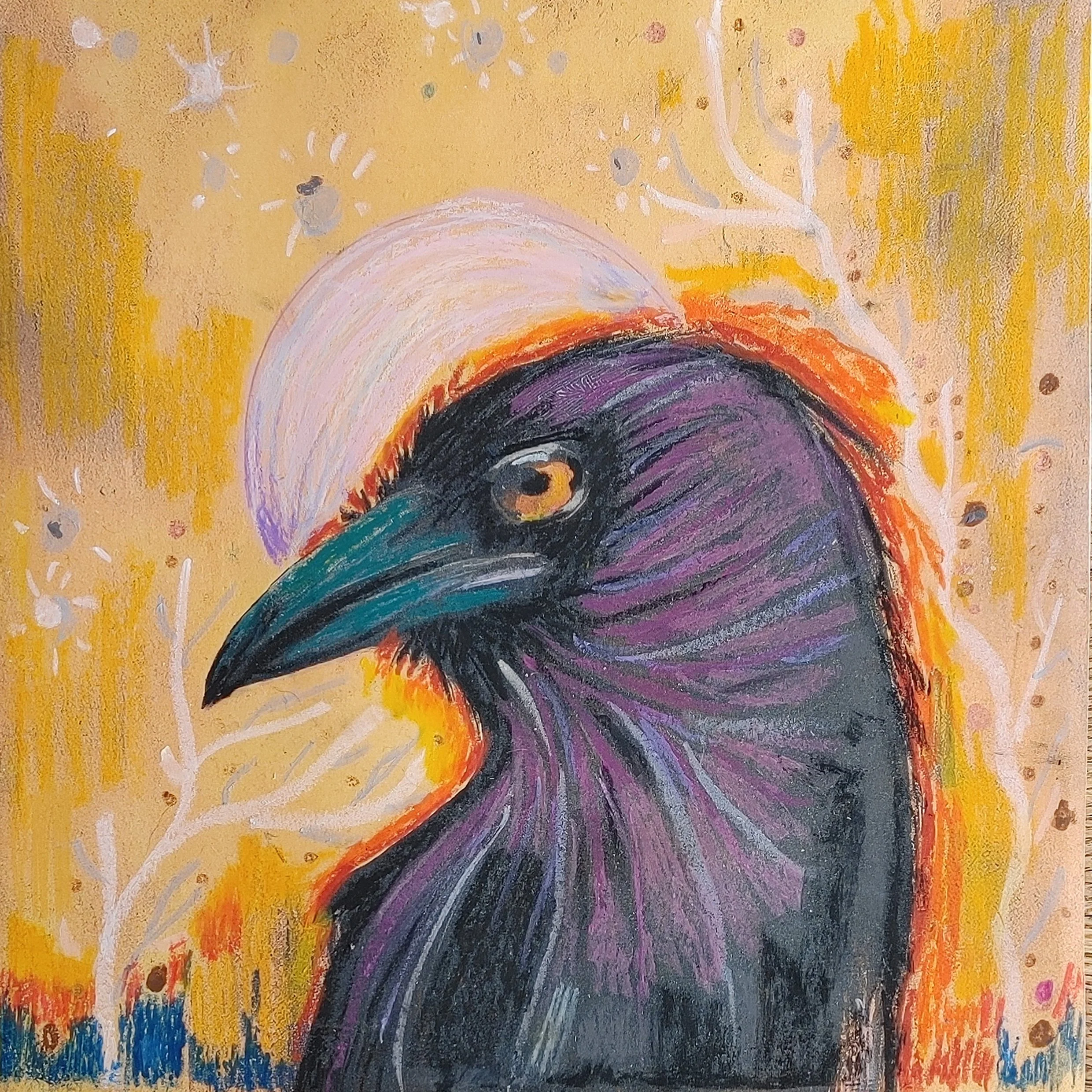 black and purple crow on a yellow backgraound abstract painting